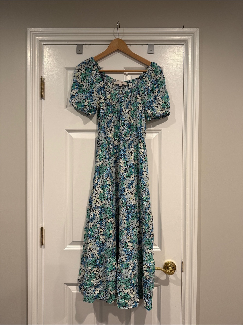 LOFT Blue and Green Floral Maxi Dress with Puff Sleeves